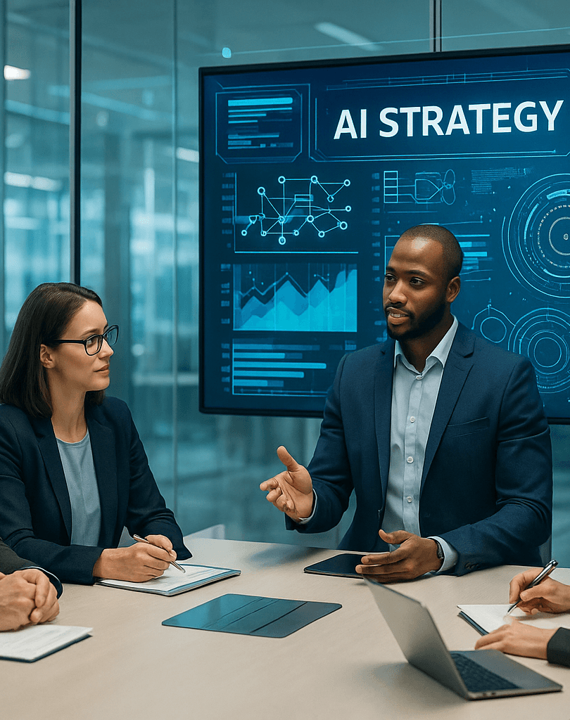 AI Strategy and Consulting - team meeting with AI dashboard